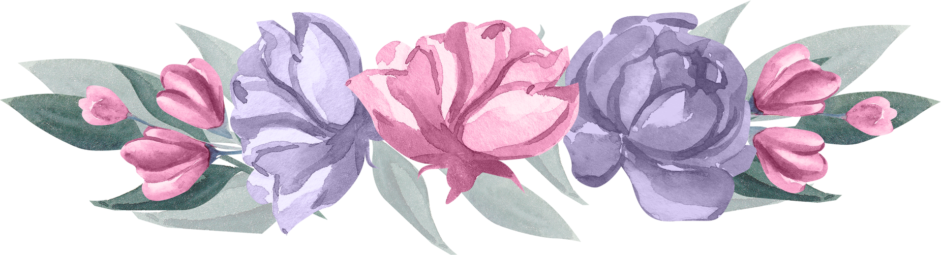 Purple pink flower watercolor border peonies foliage leaves