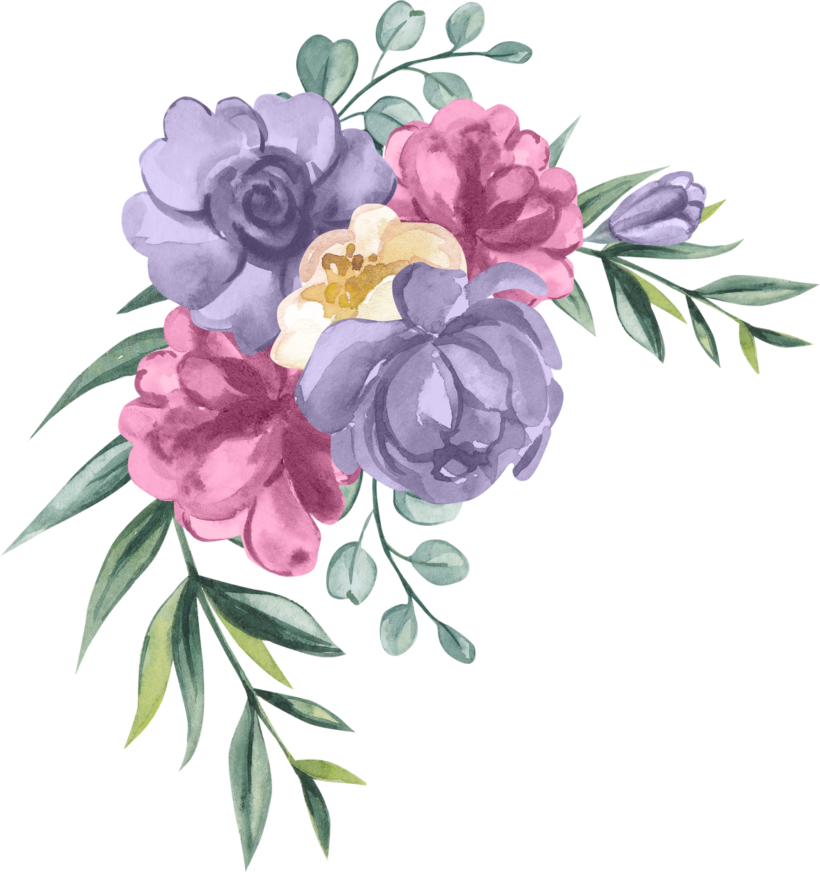 Pink purple flower bouquet wedding watercolor foliage leaves